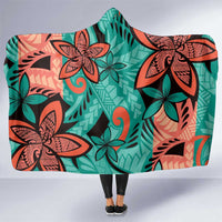Plumeria Polynesian Pattern Hooded Blanket Unique Fantasy Teal Orange LT01 One Size Teal - Polynesian Pride