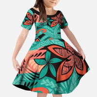 Plumeria Polynesian Pattern Kid Short Sleeve Dress Unique Fantasy Teal Orange LT01 KID Teal - Polynesian Pride