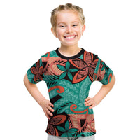Plumeria Polynesian Pattern Kid T Shirt Unique Fantasy Teal Orange LT01 Teal - Polynesian Pride