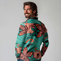 Plumeria Polynesian Pattern Long Sleeve Polo Shirt Unique Fantasy Teal Orange