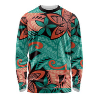 Plumeria Polynesian Pattern Long Sleeve Shirt Unique Fantasy Teal Orange LT01 Unisex Teal - Polynesian Pride