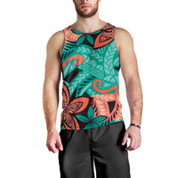 Plumeria Polynesian Pattern Men Tank Top Unique Fantasy Teal Orange LT01 - Polynesian Pride