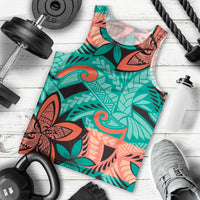 Plumeria Polynesian Pattern Men Tank Top Unique Fantasy Teal Orange LT01 - Polynesian Pride