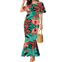 Plumeria Polynesian Pattern Mermaid Dress Unique Fantasy Teal Orange LT01 Women Teal - Polynesian Pride