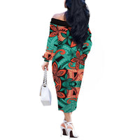 Plumeria Polynesian Pattern Off The Shoulder Long Sleeve Dress Unique Fantasy Teal Orange LT01 - Polynesian Pride