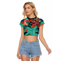 Plumeria Polynesian Pattern Raglan Cropped T Shirt Unique Fantasy Teal Orange LT01 Female Teal - Polynesian Pride