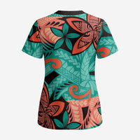 Plumeria Polynesian Pattern Scrub Top Unique Fantasy Teal Orange LT01 - Polynesian Pride