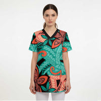 Plumeria Polynesian Pattern Scrub Top Unique Fantasy Teal Orange LT01 - Polynesian Pride