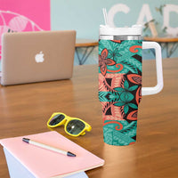 Plumeria Polynesian Pattern Tumbler With Handle Unique Fantasy Teal Orange