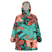 Plumeria Polynesian Pattern Wearable Blanket Hoodie Unique Fantasy Teal Orange LT01 One Size Teal - Polynesian Pride