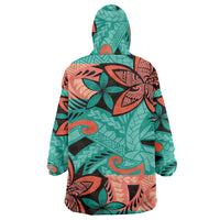 Plumeria Polynesian Pattern Wearable Blanket Hoodie Unique Fantasy Teal Orange LT01 - Polynesian Pride