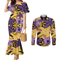 Plumeria Polynesian Pattern Couples Matching Mermaid Dress and Long Sleeve Button Shirt Unique Fantasy Yellow Purple