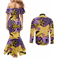 Plumeria Polynesian Pattern Couples Matching Mermaid Dress and Long Sleeve Button Shirt Unique Fantasy Yellow Purple
