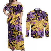 Plumeria Polynesian Pattern Couples Matching Off Shoulder Maxi Dress and Long Sleeve Button Shirt Unique Fantasy Yellow Purple LT01 Yellow - Polynesian Pride