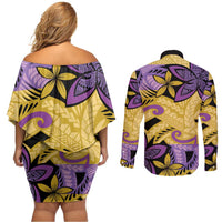Plumeria Polynesian Pattern Couples Matching Off Shoulder Short Dress and Long Sleeve Button Shirt Unique Fantasy Yellow Purple LT01 - Polynesian Pride