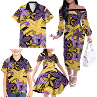 Plumeria Polynesian Pattern Family Matching Off The Shoulder Long Sleeve Dress and Hawaiian Shirt Unique Fantasy Yellow Purple