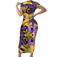 Plumeria Polynesian Pattern Family Matching Short Sleeve Bodycon Dress and Hawaiian Shirt Unique Fantasy Yellow Purple