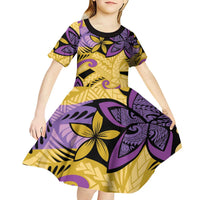 Plumeria Polynesian Pattern Kid Short Sleeve Dress Unique Fantasy Yellow Purple LT01 - Polynesian Pride