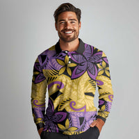 Plumeria Polynesian Pattern Long Sleeve Polo Shirt Unique Fantasy Yellow Purple