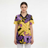Plumeria Polynesian Pattern Scrub Top Unique Fantasy Yellow Purple LT01 - Polynesian Pride