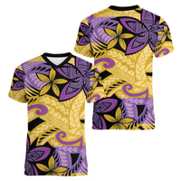 Plumeria Polynesian Pattern Women V-Neck T-Shirt Unique Fantasy Yellow Purple