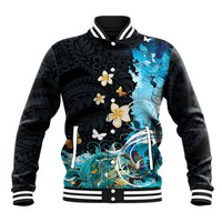 Blue Grunge Polynesian Pattern Baseball Jacket Plumeria Floral LT01 Unisex Blue - Polynesian Pride