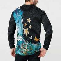 Blue Grunge Polynesian Pattern Button Sweatshirt Plumeria Floral LT01 - Polynesian Pride