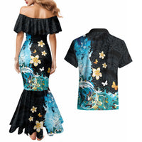 Blue Grunge Polynesian Pattern Couples Matching Mermaid Dress and Hawaiian Shirt Plumeria Floral LT01 - Polynesian Pride