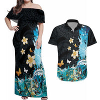 Blue Grunge Polynesian Pattern Couples Matching Off Shoulder Maxi Dress and Hawaiian Shirt Plumeria Floral LT01 Blue - Polynesian Pride