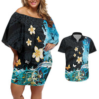 Blue Grunge Polynesian Pattern Couples Matching Off Shoulder Short Dress and Hawaiian Shirt Plumeria Floral LT01 Blue - Polynesian Pride