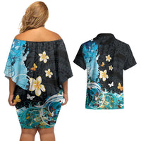 Blue Grunge Polynesian Pattern Couples Matching Off Shoulder Short Dress and Hawaiian Shirt Plumeria Floral LT01 - Polynesian Pride