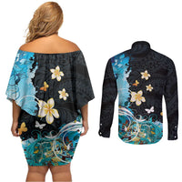 Blue Grunge Polynesian Pattern Couples Matching Off Shoulder Short Dress and Long Sleeve Button Shirt Plumeria Floral LT01 - Polynesian Pride