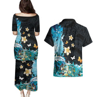 Blue Grunge Polynesian Pattern Couples Matching Puletasi and Hawaiian Shirt Plumeria Floral LT01 - Polynesian Pride