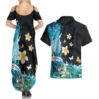Blue Grunge Polynesian Pattern Couples Matching Summer Maxi Dress and Hawaiian Shirt Plumeria Floral LT01 - Polynesian Pride