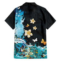 Blue Grunge Polynesian Pattern Family Matching Long Sleeve Bodycon Dress and Hawaiian Shirt Plumeria Floral