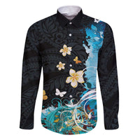 Blue Grunge Polynesian Pattern Family Matching Off The Shoulder Long Sleeve Dress and Hawaiian Shirt Plumeria Floral