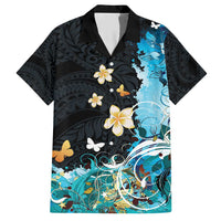 Blue Grunge Polynesian Pattern Family Matching Short Sleeve Bodycon Dress and Hawaiian Shirt Plumeria Floral