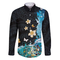 Blue Grunge Polynesian Pattern Family Matching Short Sleeve Bodycon Dress and Hawaiian Shirt Plumeria Floral