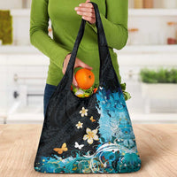 Blue Grunge Polynesian Pattern Grocery Bag Plumeria Floral LT01 - Polynesian Pride
