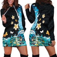 Blue Grunge Polynesian Pattern Hoodie Dress Plumeria Floral