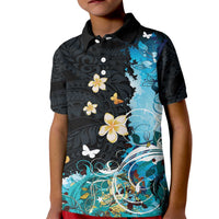 Blue Grunge Polynesian Pattern Kid Polo Shirt Plumeria Floral