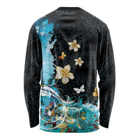 Blue Grunge Polynesian Pattern Long Sleeve Shirt Plumeria Floral LT01 - Polynesian Pride