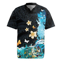 Blue Grunge Polynesian Pattern Rugby Jersey Plumeria Floral LT01 Blue - Polynesian Pride
