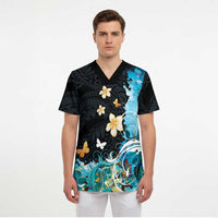 Blue Grunge Polynesian Pattern Scrub Top Plumeria Floral LT01 - Polynesian Pride