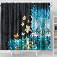 Blue Grunge Polynesian Pattern Shower Curtain Plumeria Floral