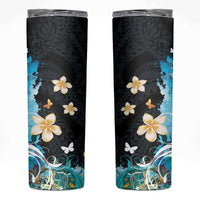 Blue Grunge Polynesian Pattern Skinny Tumbler Plumeria Floral