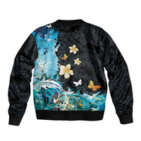Blue Grunge Polynesian Pattern Sleeve Zip Bomber Jacket Plumeria Floral