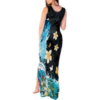 Blue Grunge Polynesian Pattern Tank Maxi Dress Plumeria Floral