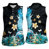 Blue Grunge Polynesian Pattern Women Sleeveless Polo Shirt Plumeria Floral