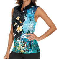Blue Grunge Polynesian Pattern Women Sleeveless Polo Shirt Plumeria Floral
